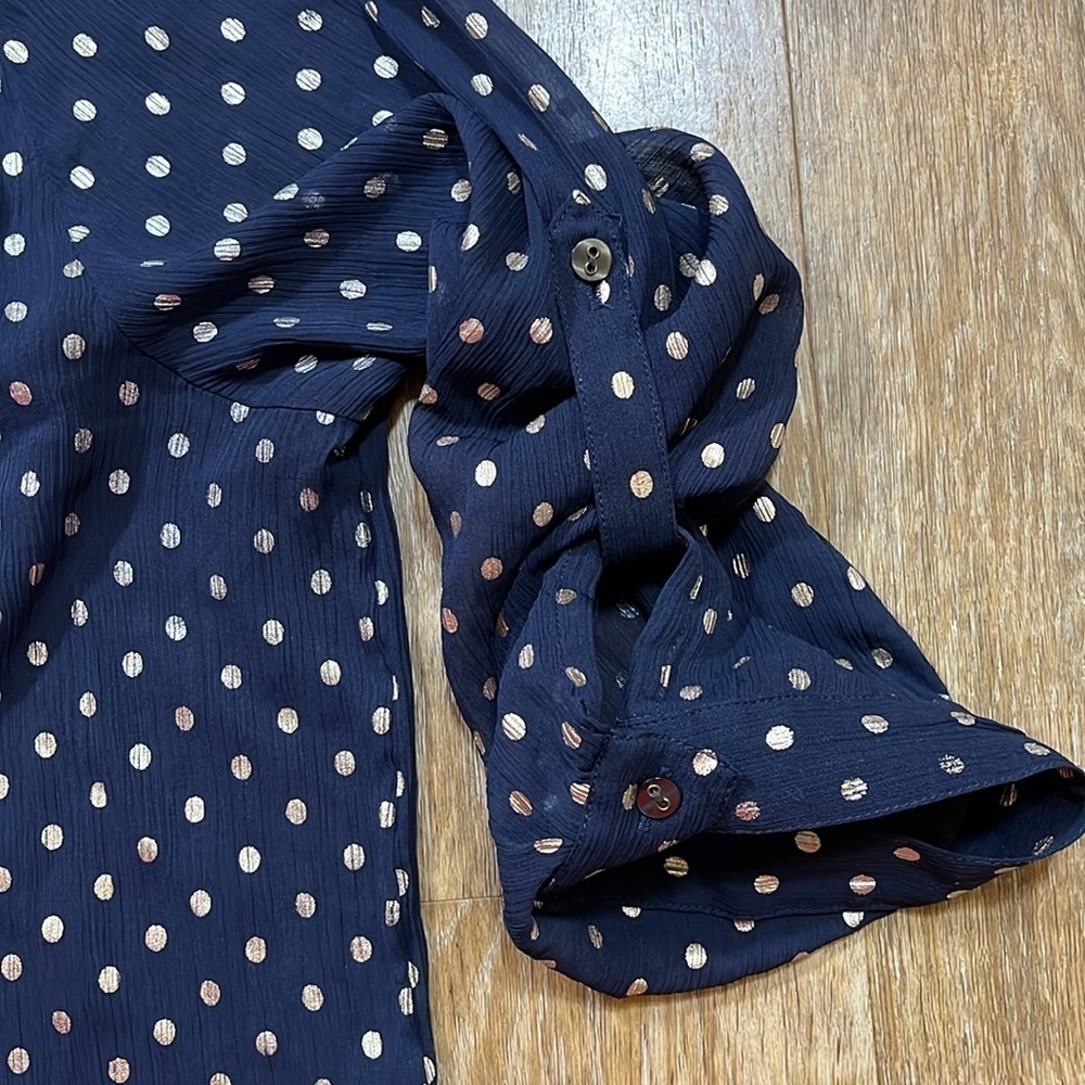 Aerie Navy & Gold Polka Dot Blouse Top Sheer Button Up Size XL EUC Collared - Picture 6 of 13